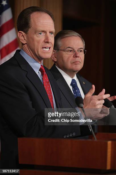 Sen. Pat Toomey and Sen. Robert Menendez hold a news conference to introduce the Start-Up Jobs and Innovation Act at the U.S. Capitol November 6,...