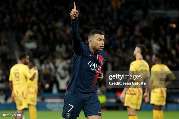 Kylian Mbappe of PSG celebrates his goal during the Ligue 1 Uber Eats match between Paris Saint-Germain and FC Metz at Parc des Princes stadium on...