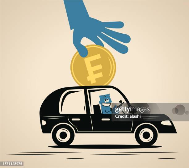 ilustrações, clipart, desenhos animados e ícones de um homem azul sorridente dirige um carro e uma mão grande coloca dinheiro no carro - trabalhador de meio expediente