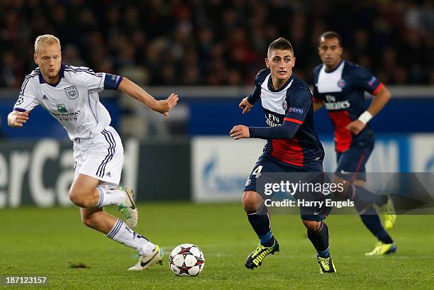 Marco Verratti of PSG in action during the UEFA Champions League Group C match between Paris Saint Germain and RSC Anderlecht at Parc des Princes on...