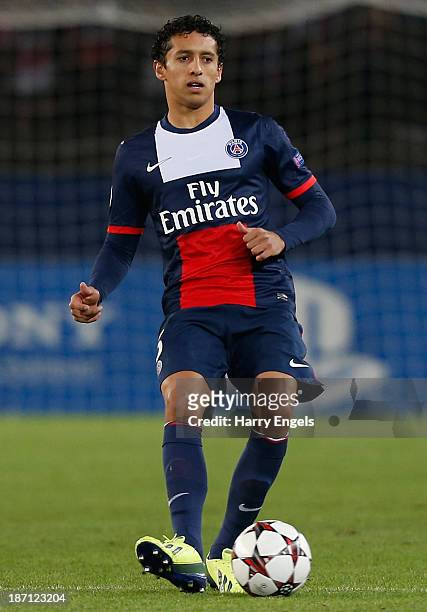 Marquinhos of PSG in action during the UEFA Champions League Group C match between Paris Saint Germain and RSC Anderlecht at Parc des Princes on...