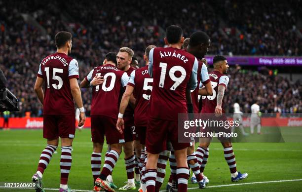 Jarrod Bowen is celebrating his goal during the Premier League match between West Ham United and Manchester United at the London Stadium in...