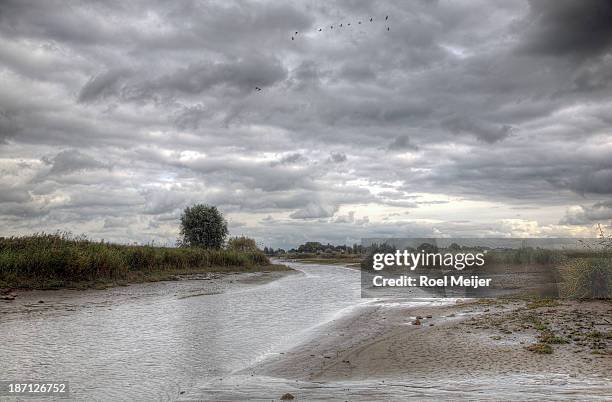 cove along dutch river lek under dark clouds - fluss lek stock-fotos und bilder
