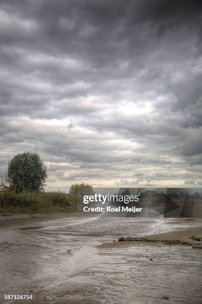 cove along dutch river lek under dark clouds - fluss lek stock-fotos und bilder