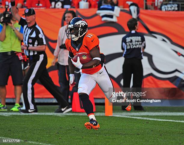 Trindon Holliday of the Denver Broncos returns a kick against the Washington Redskins at Sports Authority Field on October 27, 2013 in Denver,...