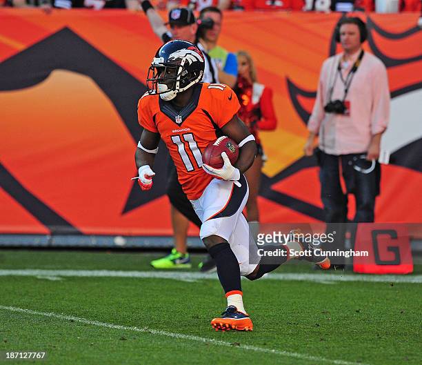 Trindon Holliday of the Denver Broncos returns a kick against the Washington Redskins at Sports Authority Field on October 27, 2013 in Denver,...