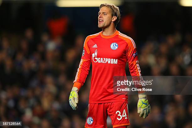 Goalkeeper Timo Hildebrand of Schalke reacts during the UEFA Champions League Group E match between Chelsea and FC Schalke 04 at Stamford Bridge on...