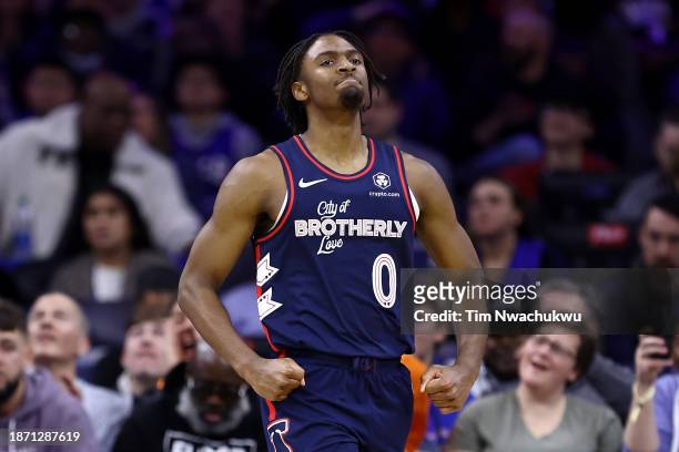 Tyrese Maxey of the Philadelphia 76ers reacts during the fourth quarter against the Minnesota Timberwolves at the Wells Fargo Center on December 20,...