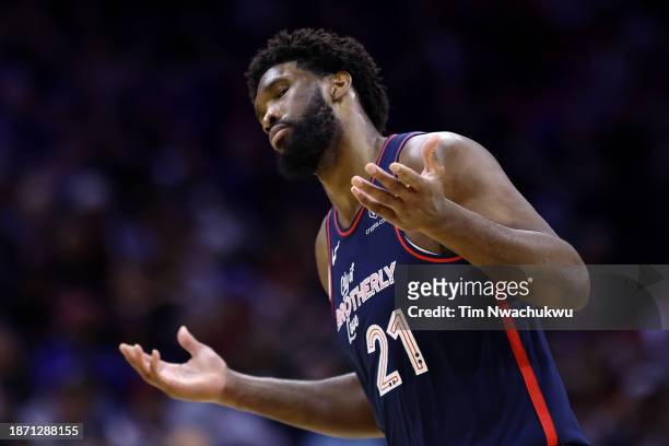 Joel Embiid of the Philadelphia 76ers reacts during the fourth quarter against the Minnesota Timberwolves at the Wells Fargo Center on December 20,...