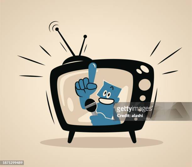 illustrazioni stock, clip art, cartoni animati e icone di tendenza di un conduttore di un uomo blu su uno schermo televisivo che parla con un microfono - television host