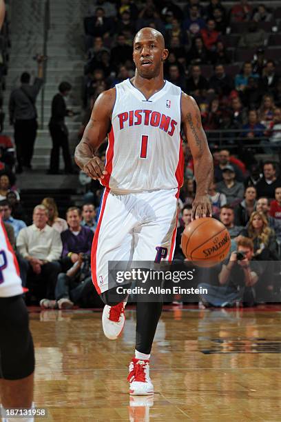 Chauncey Billups of the Detroit Pistons brings the ball up court against the Indiana Pacers on November 5, 2013 at The Palace of Auburn Hills in...
