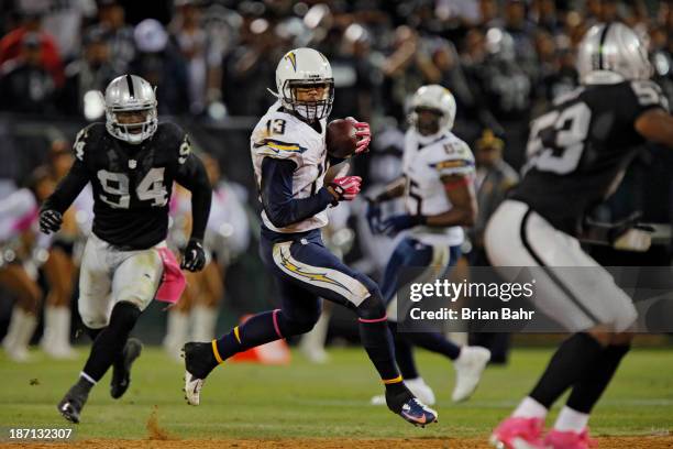 Wide receiver Keenan Allen of the San Diego Chargers picks up 30 yards on a catch against the Oakland Raiders late in the fourth quarter on October...
