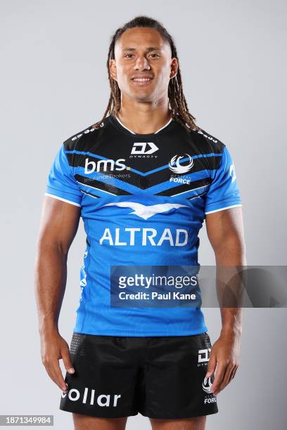 Issak Fines-Leleiwasa poses during a Western Force 2024 Super Rugby Headshots Session on December 20, 2023 in Perth, Australia.