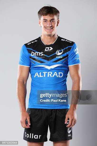 George Poolman poses during a Western Force 2024 Super Rugby Headshots Session on December 20, 2023 in Perth, Australia.