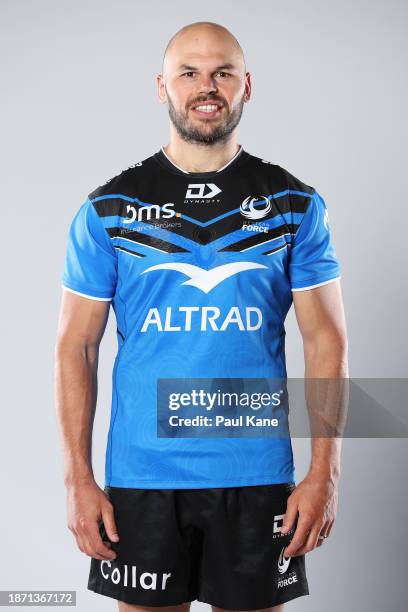 Michael Wells poses during a Western Force 2024 Super Rugby Headshots Session on December 20, 2023 in Perth, Australia.