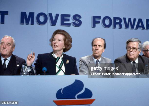 Willie Whitelaw , British Prime Minister Margaret Thatcher , Norman Tebbit, Geoffrey Howe and Douglas Hurd at a press conference during the opening...