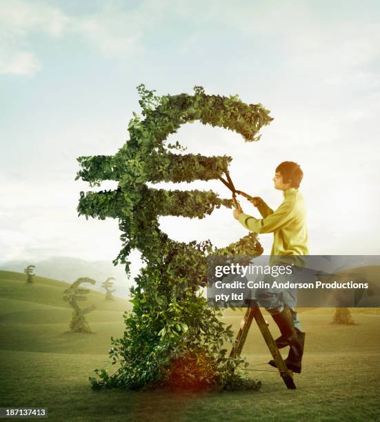 caucasian man trimming hedge in shape of euro symbol - shaping future stock-fotos und bilder