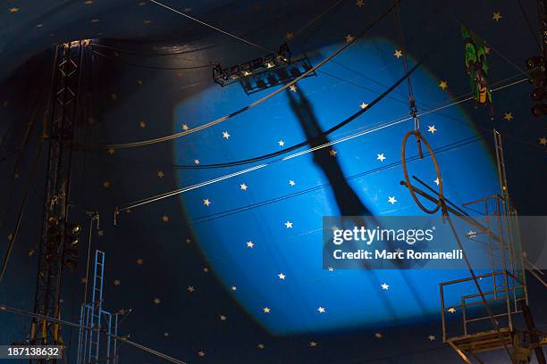 shadow of acrobat in spotlight on wall - trapeze stock-fotos und bilder