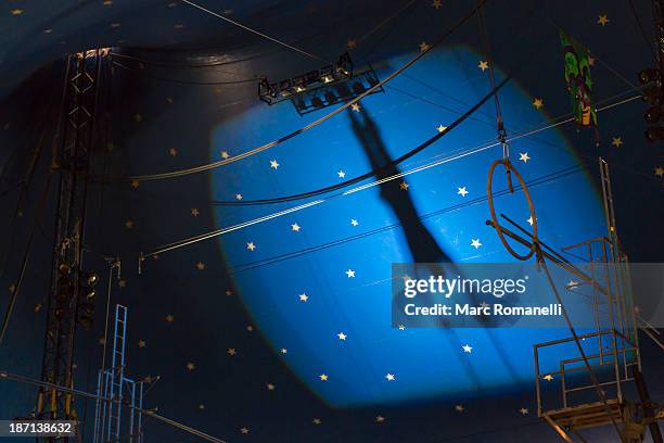 shadow of acrobat in spotlight on wall - trapéziste photos et images de collection