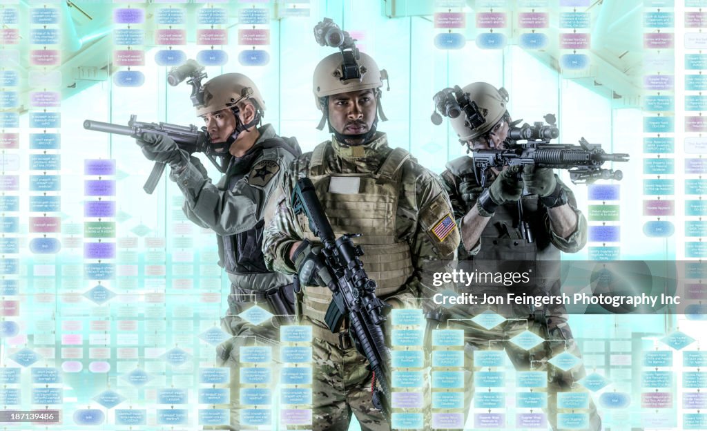 Soldiers pointing gun at illuminated holograms