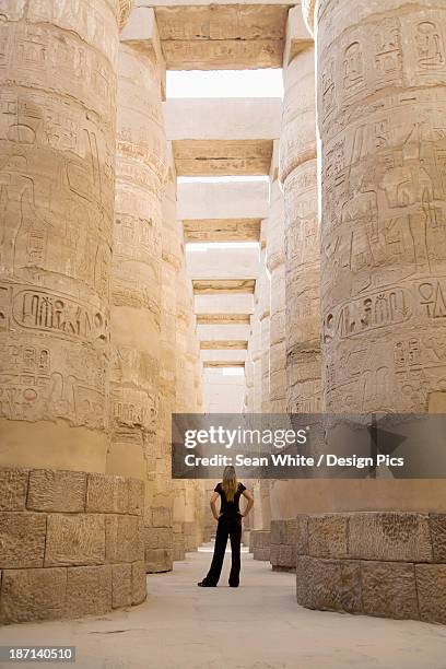 a woman tourist stands at the base of the massive columns in the temples of karnak on the east bank of luxor along the nile river - temples de karnak photos et images de collection