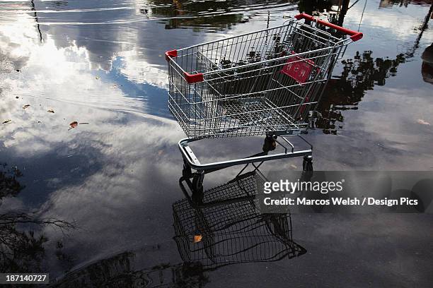 shopping cart in a puddle - queensland floods foto e immagini stock