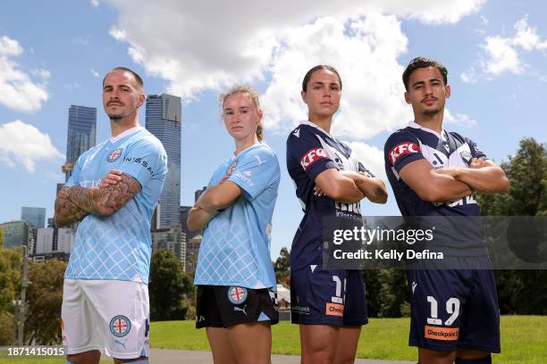 Jamie Maclaren of Melbourne City, Emina Ekic of Melbourne City, Emma Checker of Melbourne Victory and Daniel Arzani of Melbourne Victory pose for a...