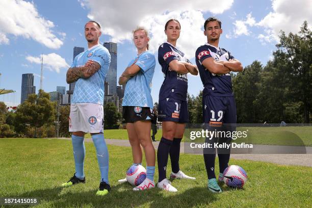 Jamie Maclaren of Melbourne City, Emina Ekic of Melbourne City, Emma Checker of Melbourne Victory and Daniel Arzani of Melbourne Victory pose for a...