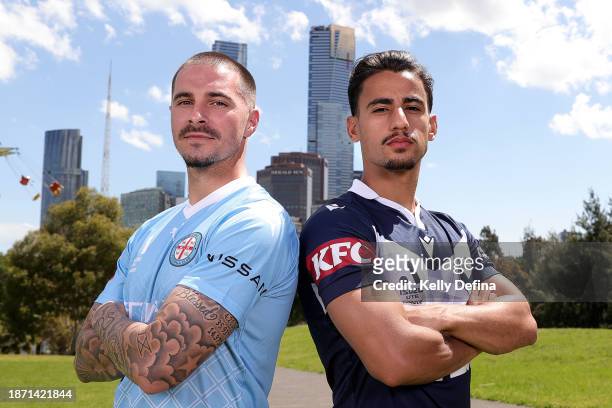 Jamie Maclaren of Melbourne City and Daniel Arzani of Melbourne Victory pose for a photo during an A-League media opportunity at Federation Square on...