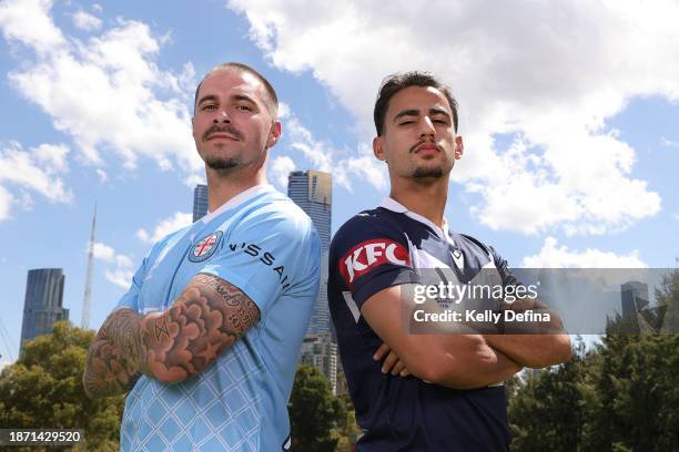 Jamie Maclaren of Melbourne City and Daniel Arzani of Melbourne Victory pose for a photo during an A-League media opportunity at Federation Square on...