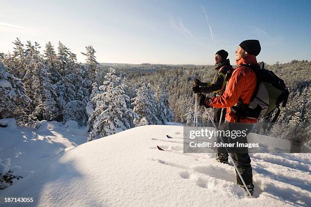 two people cross country skiing - sweden winter stock pictures, royalty-free photos & images