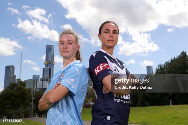 Emina Ekic of Melbourne City and Emma Checker of Melbourne Victory pose for a photo during an A-League media opportunity at Federation Square on...