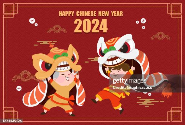 chinese new year is traditionally celebrated with dragon and lion dances, firecrackers, and family gatherings - cosplay stock illustrations