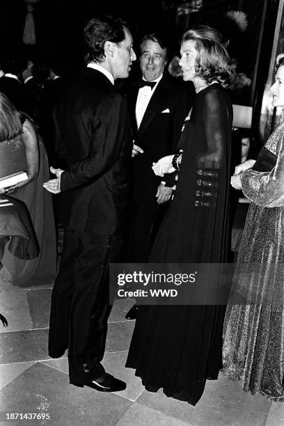 Eunice and Sargent Shriver talking with friends at the premiere of the Alvin Ailey dance group, hosted by ex-ambassador Sargent Shriver, Eunice's...