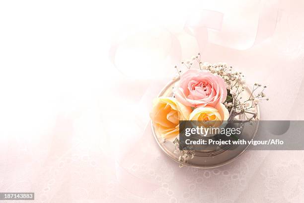 roses of various colors in a metal cup - gypsophila stock-fotos und bilder