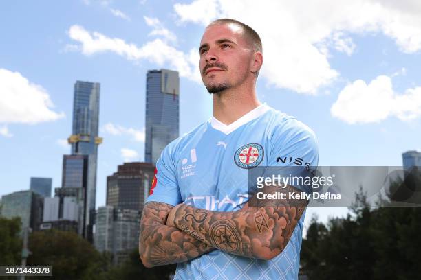 Jamie Maclaren of Melbourne City pose for a photo during an A-League media opportunity at Federation Square on December 21, 2023 in Melbourne,...