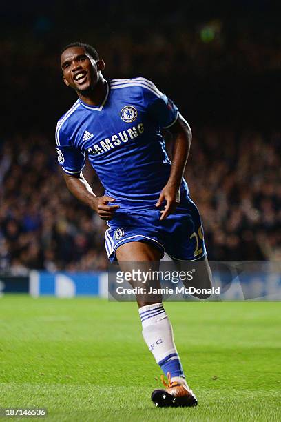 Samuel Eto'o of Chelsea celebrates after scoring his team's second goal during the UEFA Champions League Group E match between Chelsea and FC Schalke...