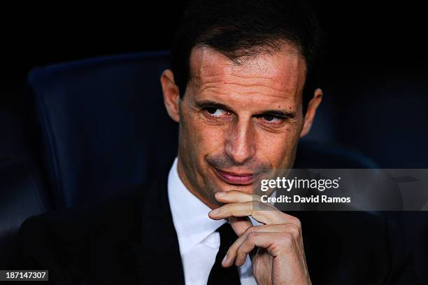 Head coach Massimiliano Allegri of AC Milan looks on during the UEFA Champions League Group H match Between FC Barcelona and AC Milan at Camp Nou on...