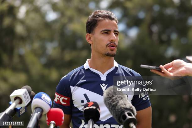 Daniel Arzani of Melbourne Victory speaks to media during an A-League media opportunity at Federation Square on December 21, 2023 in Melbourne,...