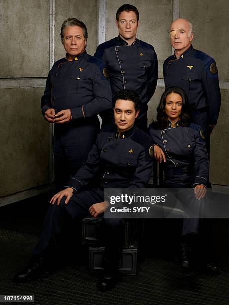 Season 4 -- Pictured: Edward James Olmos as Admiral William Adama, Tahmoh Penikett as Karl "Helo" Agathon, Alessandro Juliani as Lt. Felix Gaeta,...