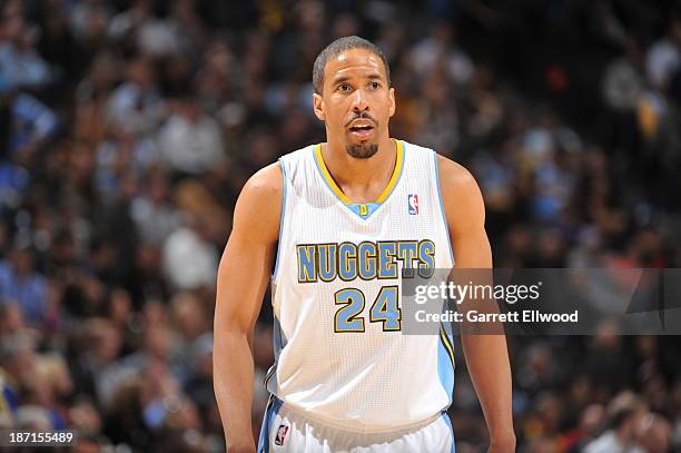 Andre Miller of the Denver Nuggets stands on the court against the San Antonio Spurs on November 5, 2013 at the Pepsi Center in Denver, Colorado....