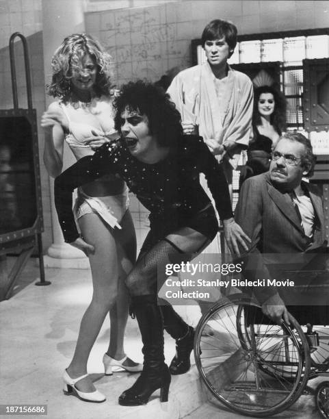 Actors Tim Curry, Susan Sarandon, Barry Bostwick, Patricia Quinn and Jonathan Adams, in a scene from the movie 'The Rocky Horror Picture Show', 1975.
