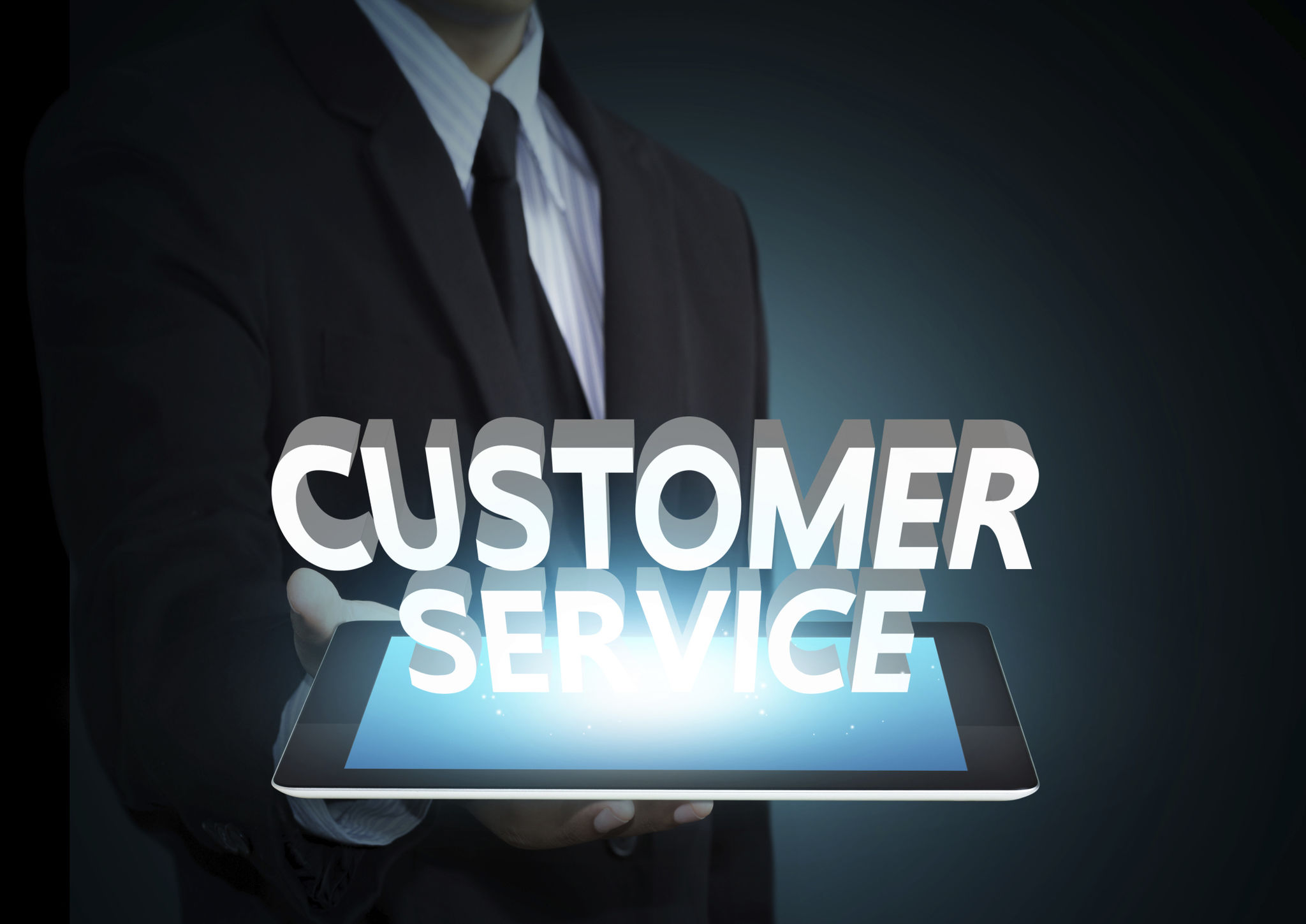 Customer service 3D text on touch screen tablet technology Customer service 3D text on touch screen tablet technology
