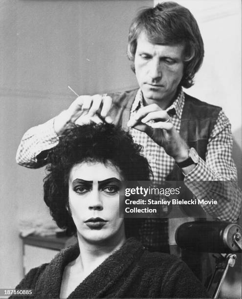Actor Tim Curry on the set of the movie 'The Rocky Horror Picture Show', 1975.