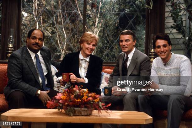 The hosts of CBS' The Morning Show weatherman, Mark McEwen, Mariette Hartley, Rolland Smith and Bob Saget are photographed on the set January 14,...