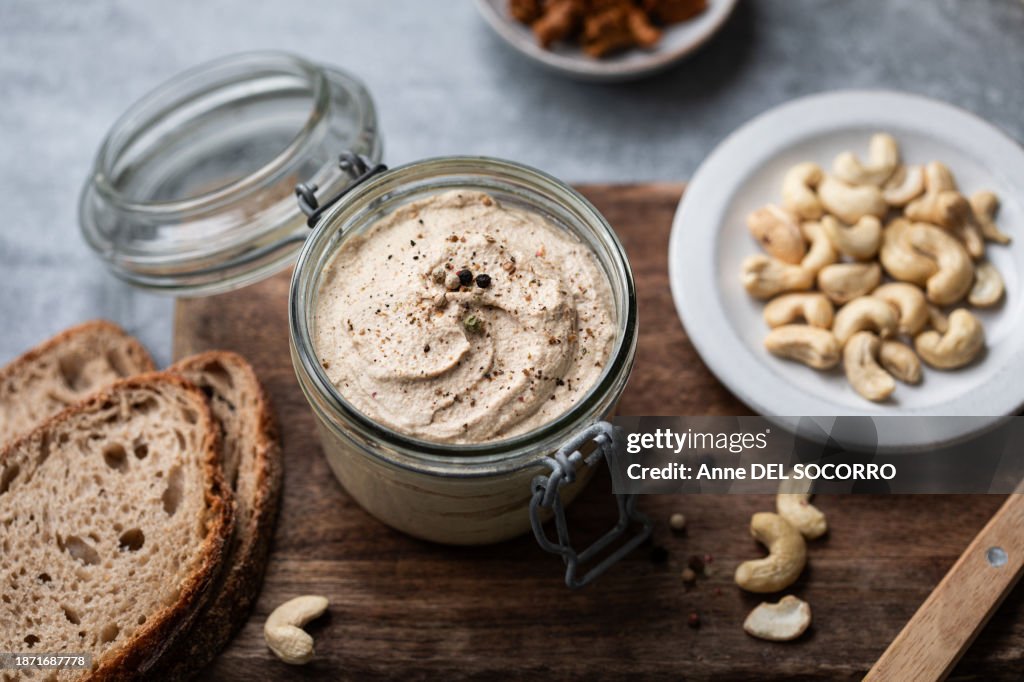 Homemade vegetal fake foie gras spread pate with cashew nuts and mushrooms