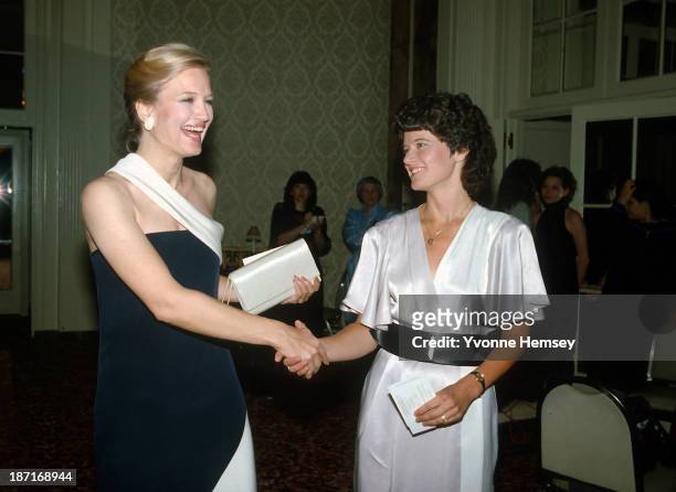 Diane Sawyer and Sally Ride are photographed at Gloria Steinem's 50th birthday celebration May 23, 1984 in New York City.