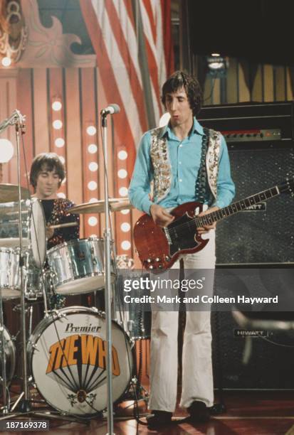Keith Moon and Pete Townshend from English group The Who perform on the set of the Rolling Stones Rock and Roll Circus at Intertel TV Studio in...