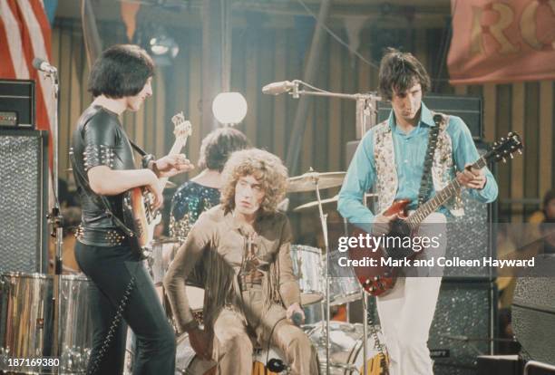 English group The Who pose together on the set of the Rolling Stones Rock and Roll Circus at Intertel TV Studio in Wembley, London on 11th December...