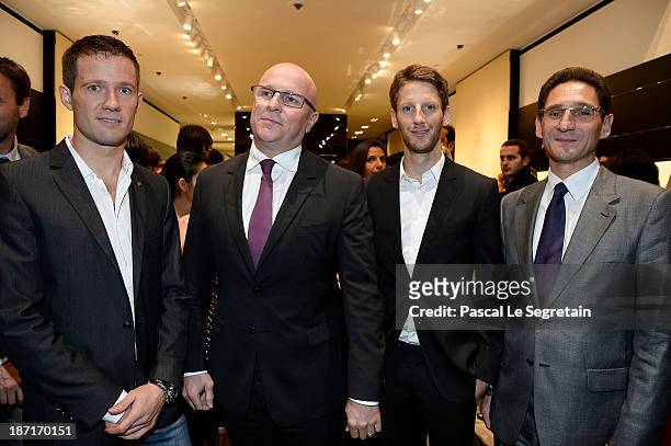 Sebastien Ogier, TAG Heuer's CEO Stephane Linder, Romain Grosjean and Jean Francois Hartwig attend the Opening of the TAG Heuer New Boutique,...